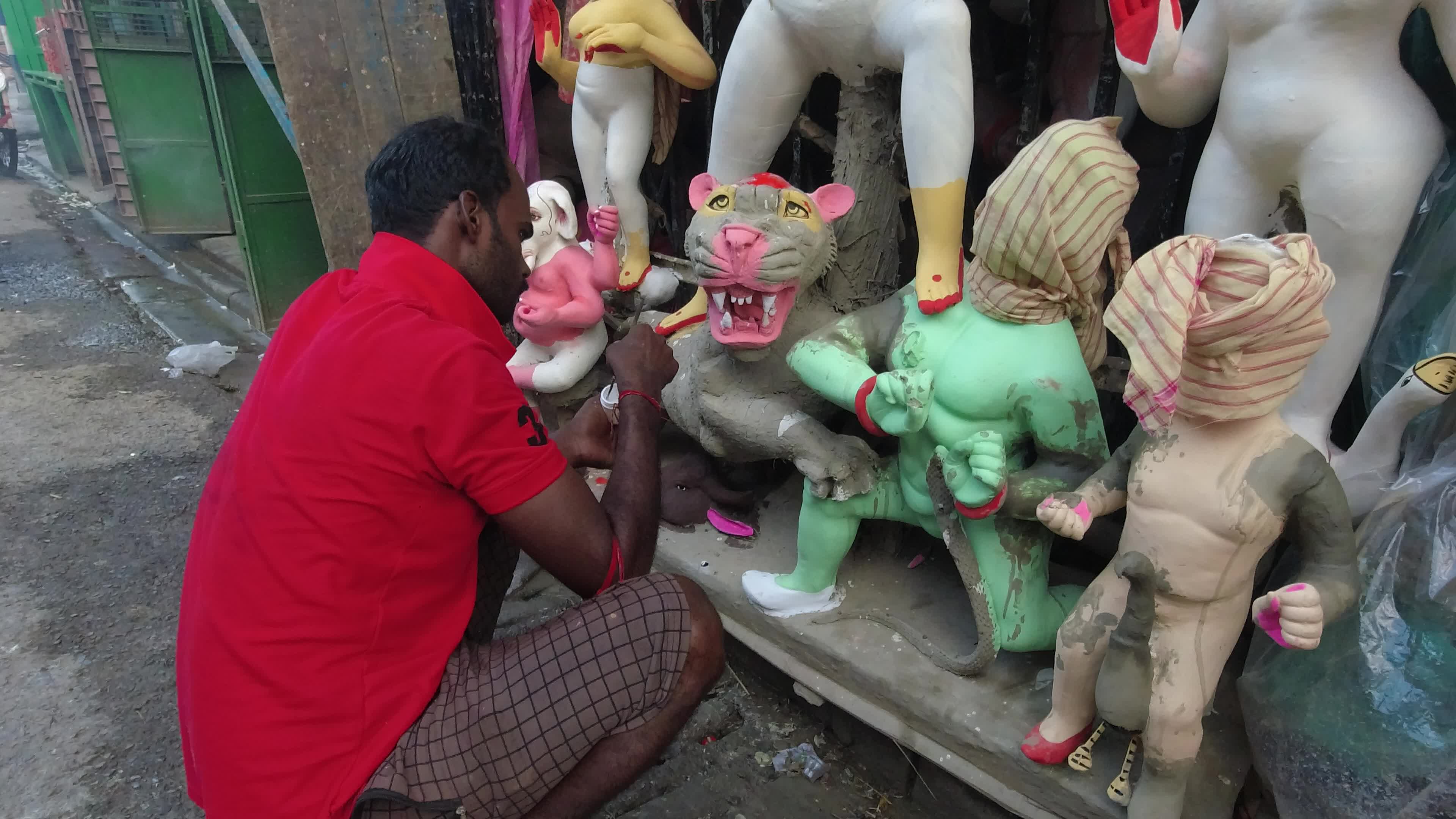 Preparation of Durga puja festival in India.