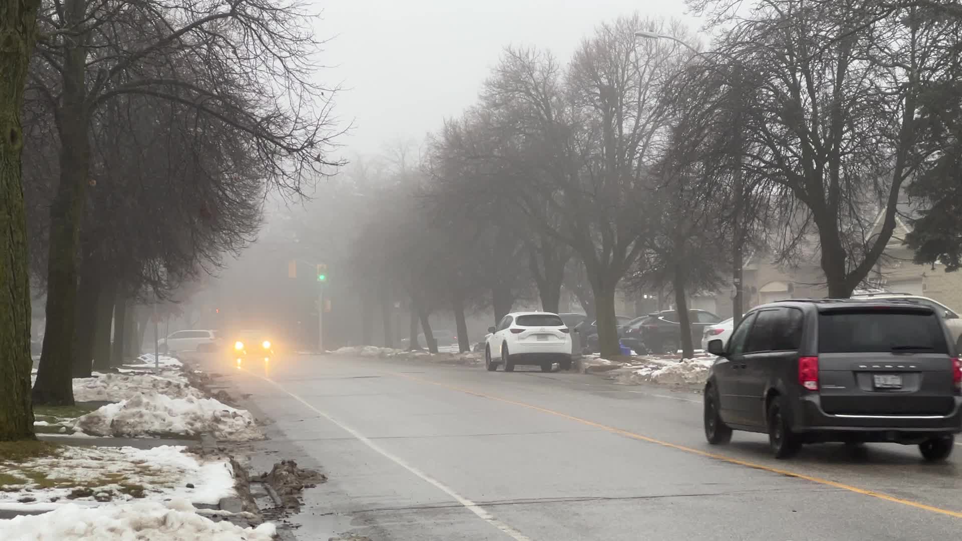 Cold and rainy foggy morning in Toronto, Canada