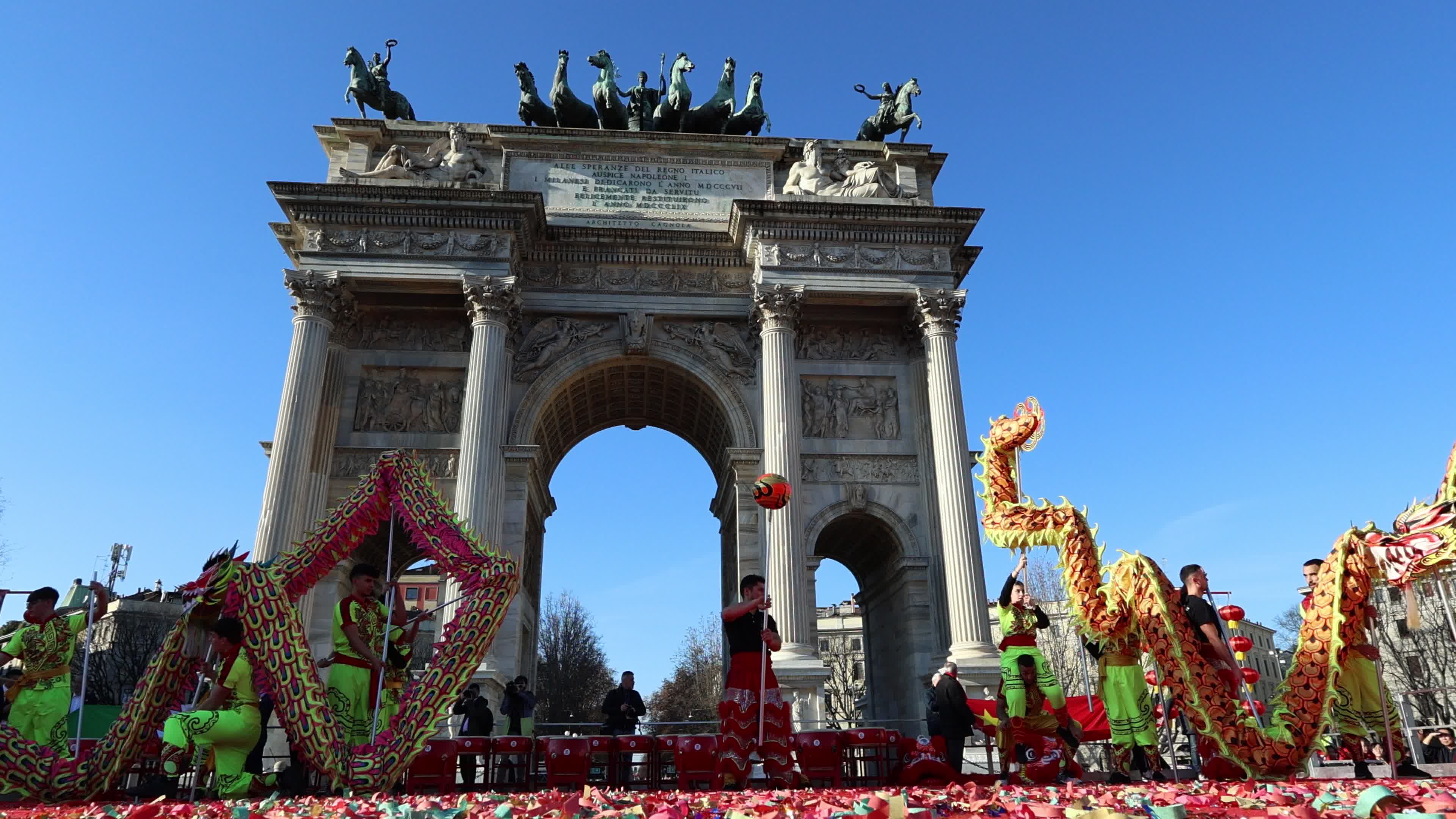 The parade for the celebrations of the Chinese New Year with the Dragon and Lion Dance in the year of the Wooden Snake in Milan