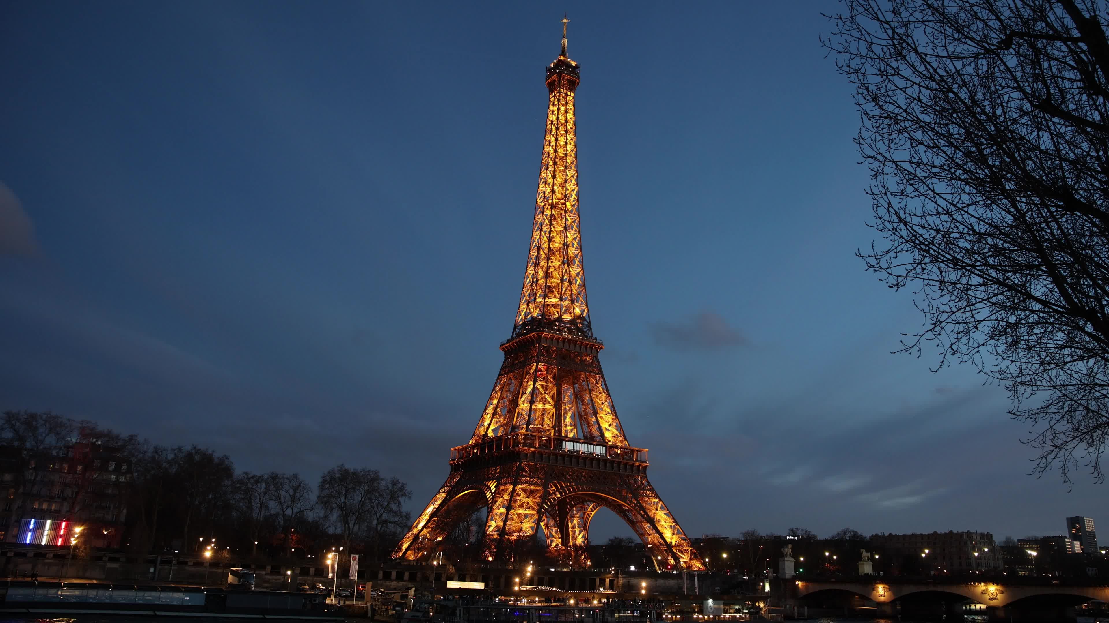 The Eiffel Tower lit in the colours of the Ukrainian flag to mark the third anniversary of the invasion by Russia of Ukraine