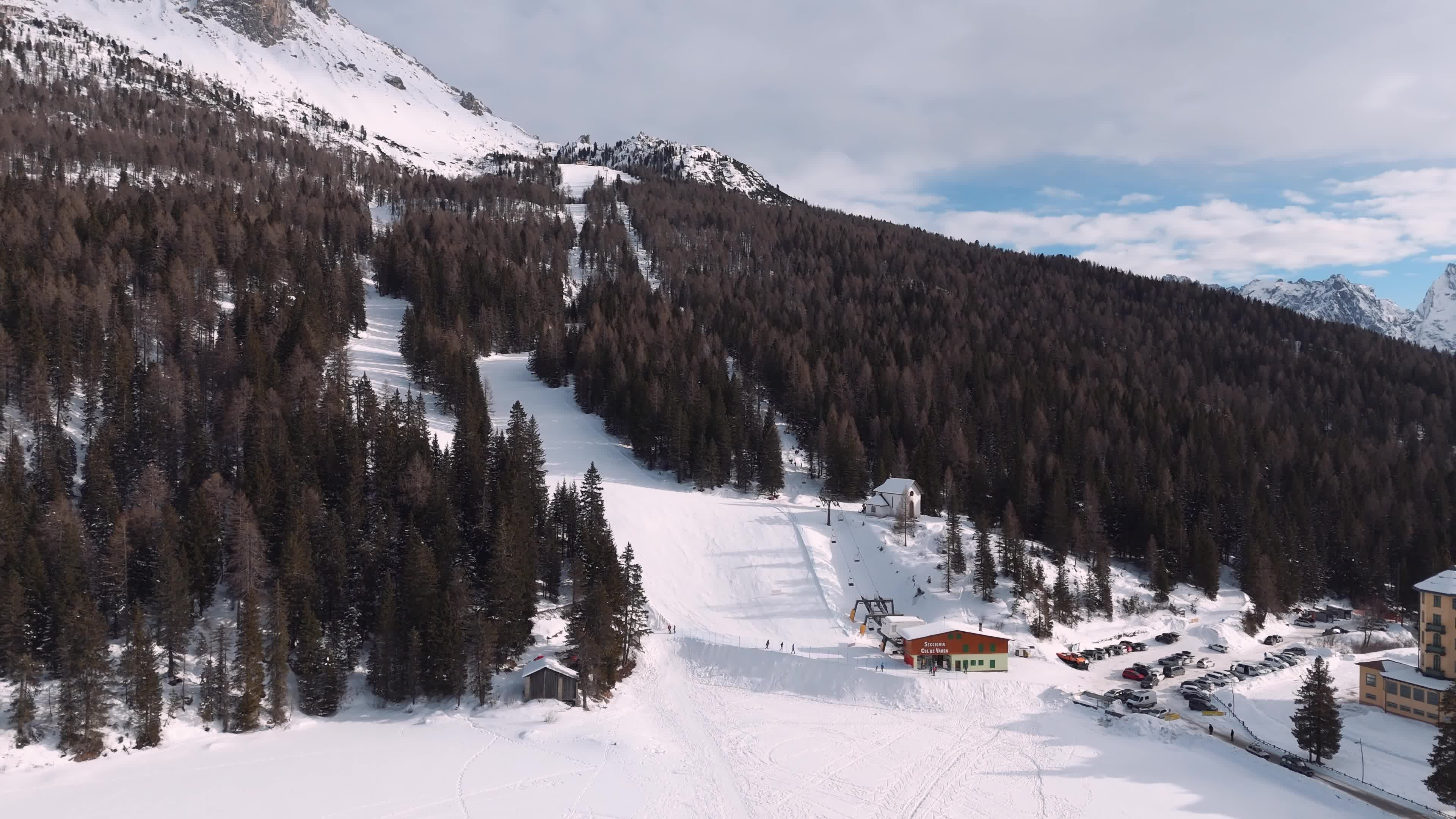 Drone View of Skiers at Misurina-Col de Varda, Italy 