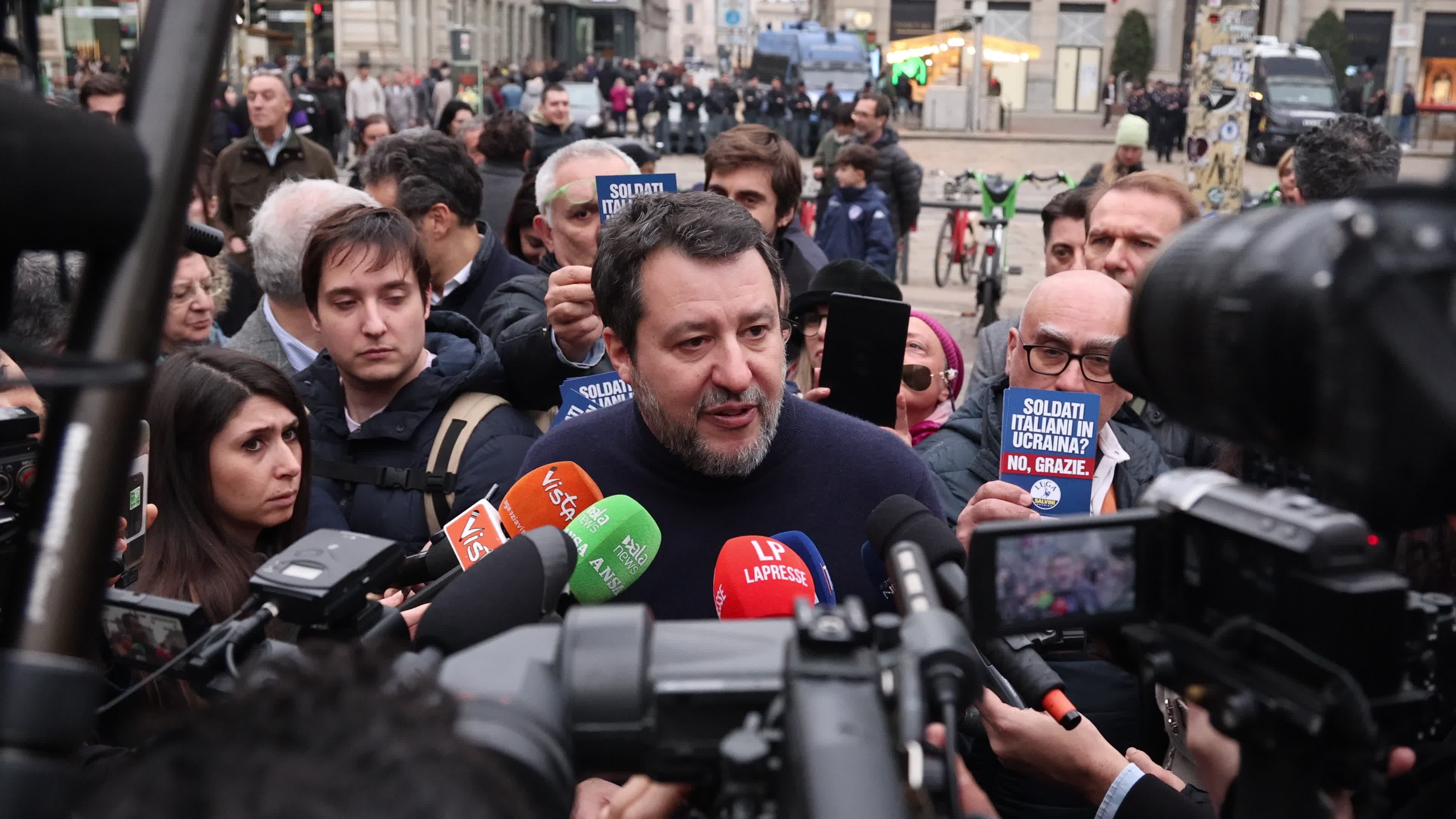 Matteo Salvini meets the citizens on his birthday at the gazebo of the League for Peace in Ukraine and the Fiscal Peace in Milan